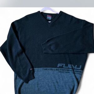 Vintage FUBU Men's V-Neck Sweater in Black and Gray